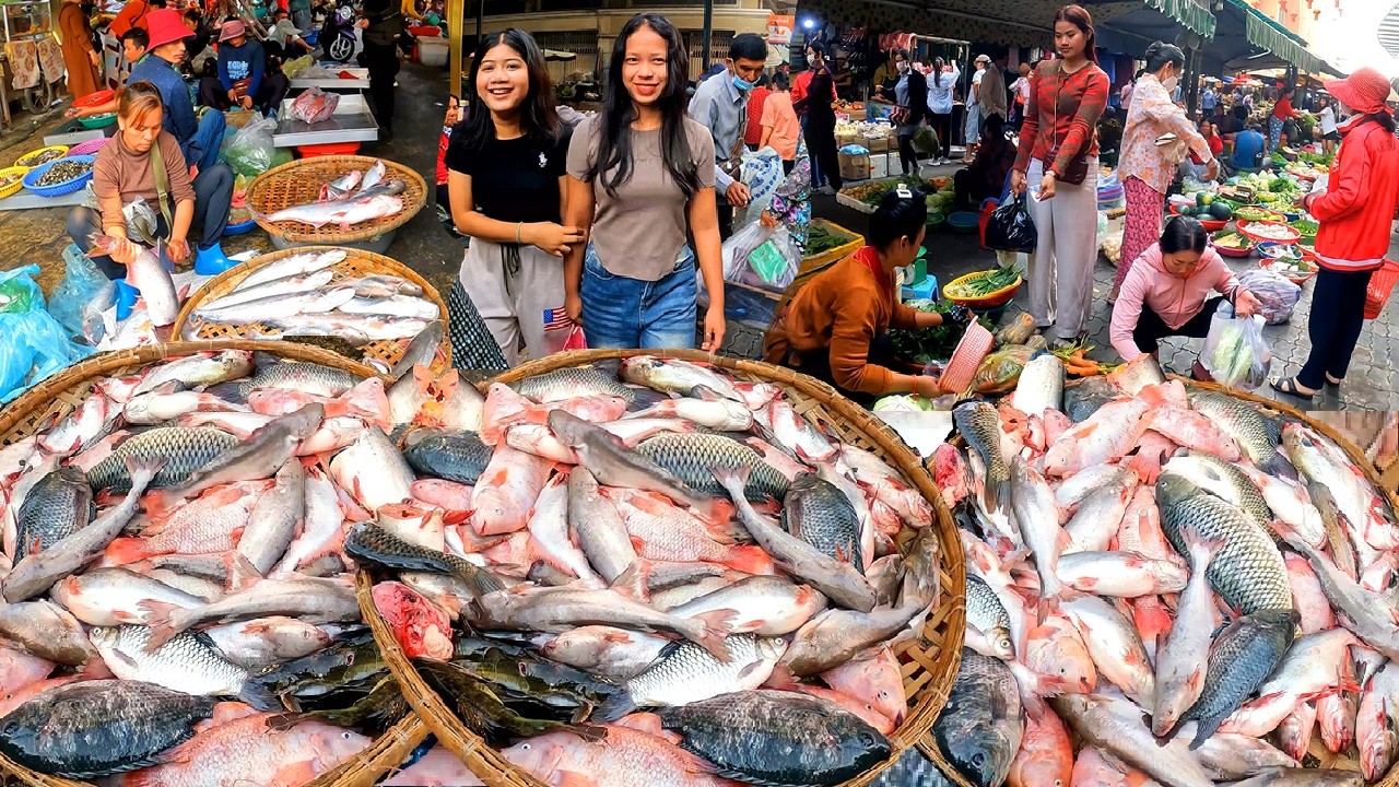 Cambodia Pork Distribution Market, Walk Fresh Food Market in Phnom Penh, Cambodia Fish Market