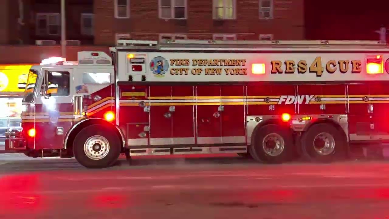 FDNY RESCUE 4 RESPONDING ON NORTHERN BOULEVARD IN THE CORONA AREA OF QUEENS IN NEW YORK CITY.