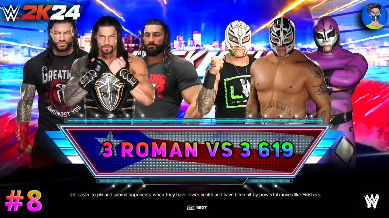 WWE 2k24 3 Different OTC Roman Reigns VS 3 Different Rey Mysterio 6 Man Elimination Tag Team Match