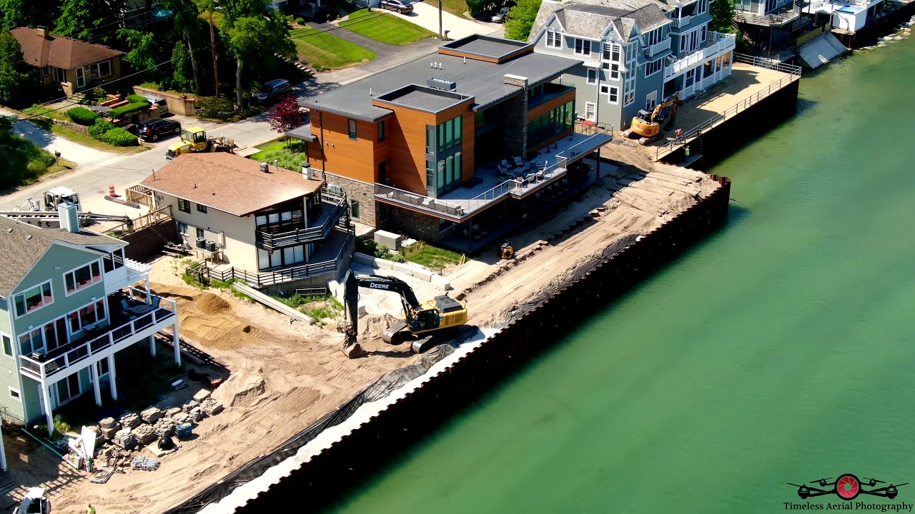 Long Beach, Indiana Beautiful Summer Day, Lots of work being done from erosion drone footage