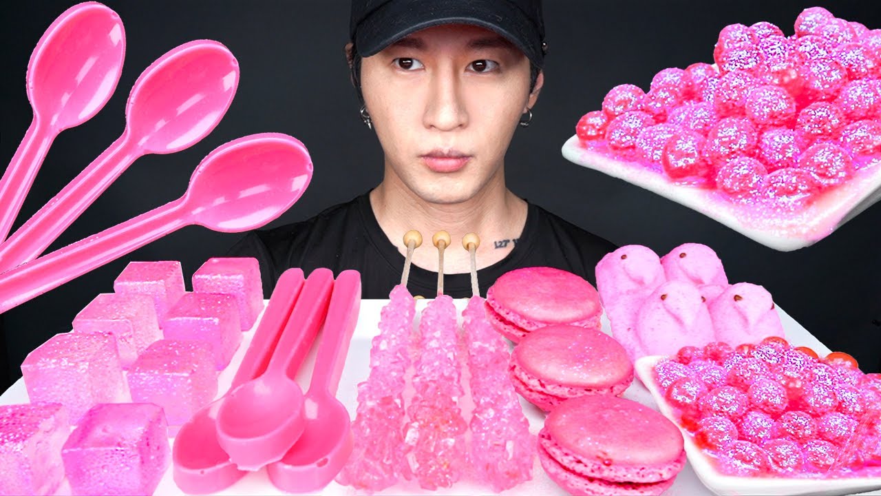 ASMR EDIBLE SPOONS & POPPING BOBA & ROCK CANDY & MACARONS & ICE CUBES & PEEPS MARSHMALLOWS MUKBANG