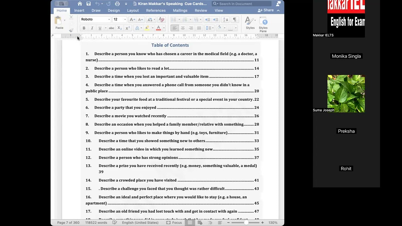 13 November 2024 IELTS speaking class Cue cards