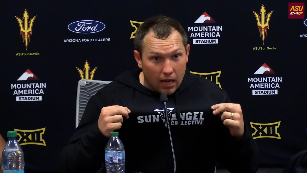 Kenny Dillingham and Cameron Skattebo following No. 21 ASU's 28-23 win over No. 14 BYU (11/23/2024)