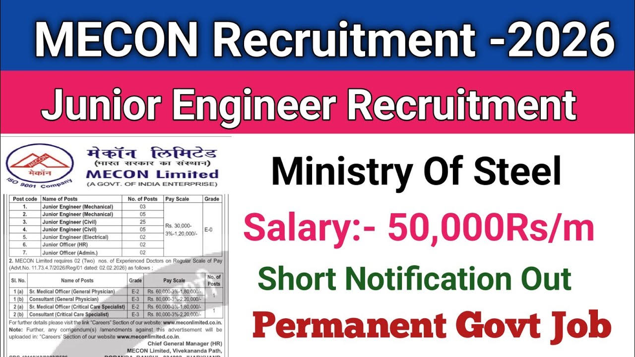 MECON Recruitment 2026||Junior Engineer Vacancy 2026||MECON Short Notification Out||Govt Jobs 2026
