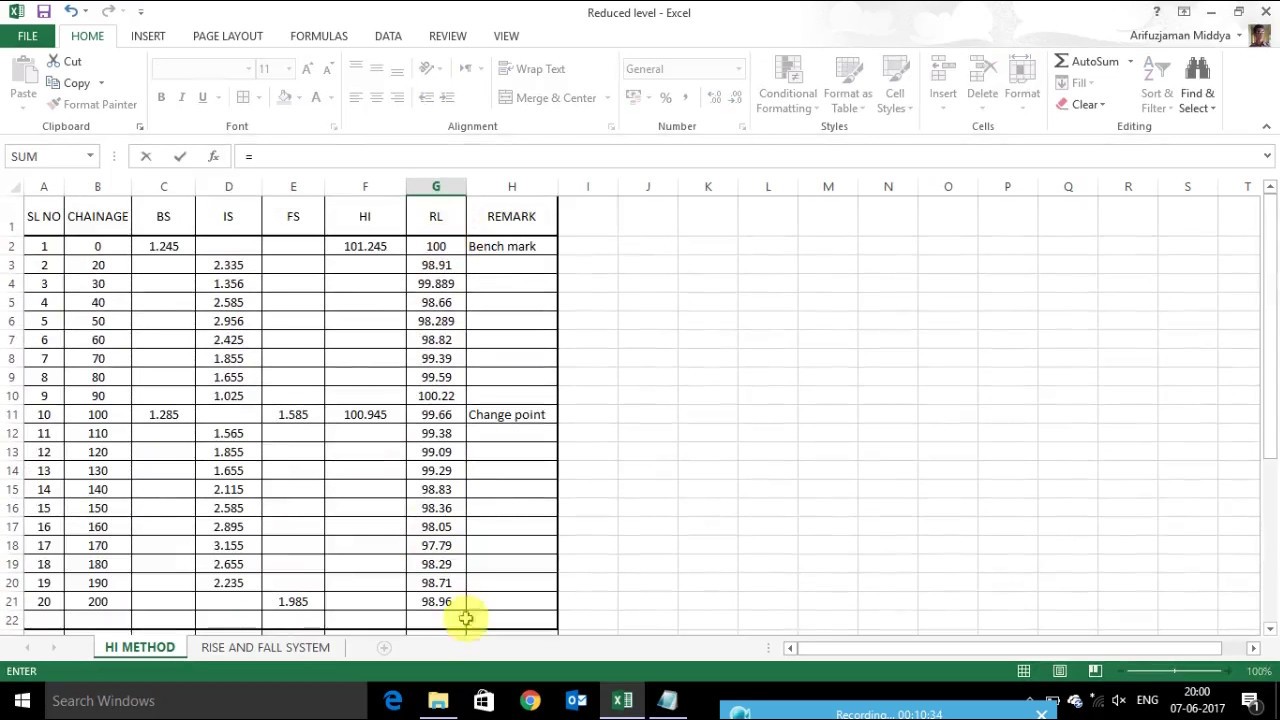 how to calculate Reduced Level (R L) in excel