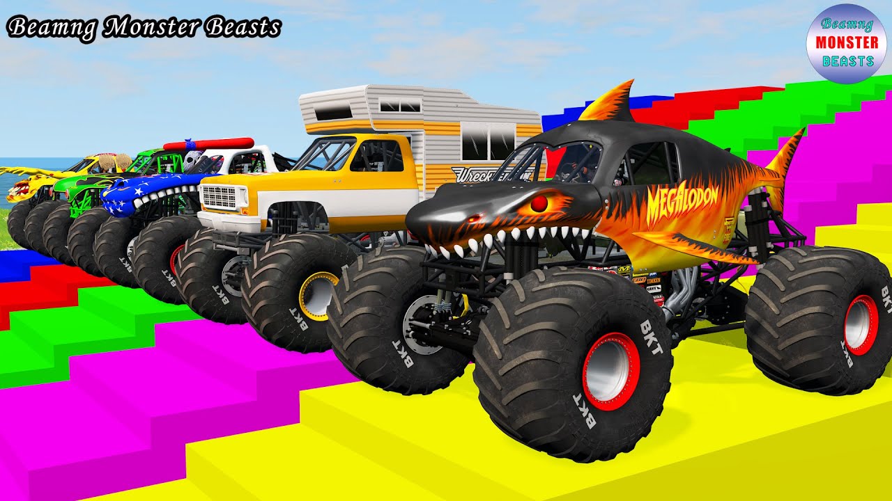 Monster Truck Transport on Triple Flatbed Trailer – BeamNG Monster Beasts #110