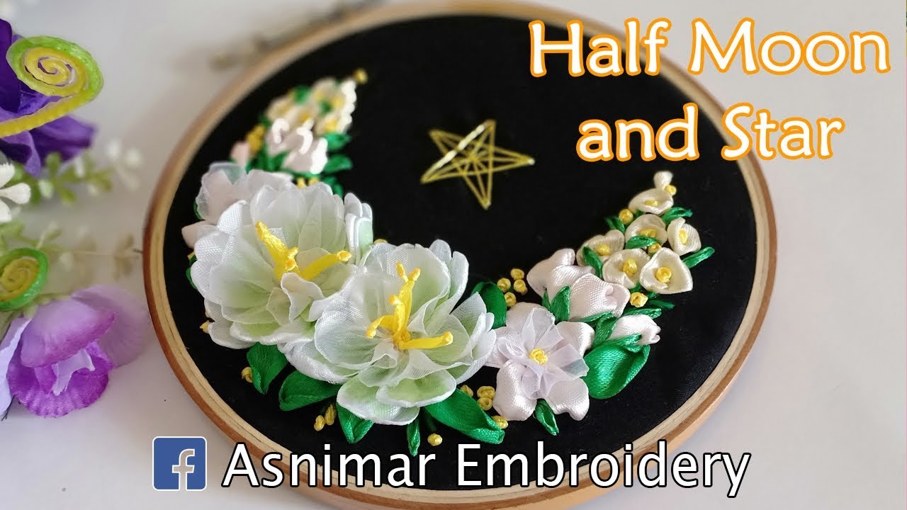 Ribbon Embroidery Flower of Moon and Star Design