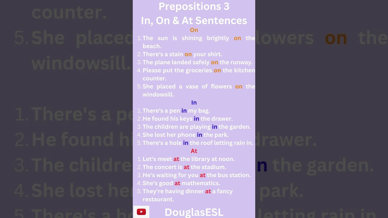 Prepositions 3 Prepositions in English Grammar ESL In On At Sentences #english #learnenglish