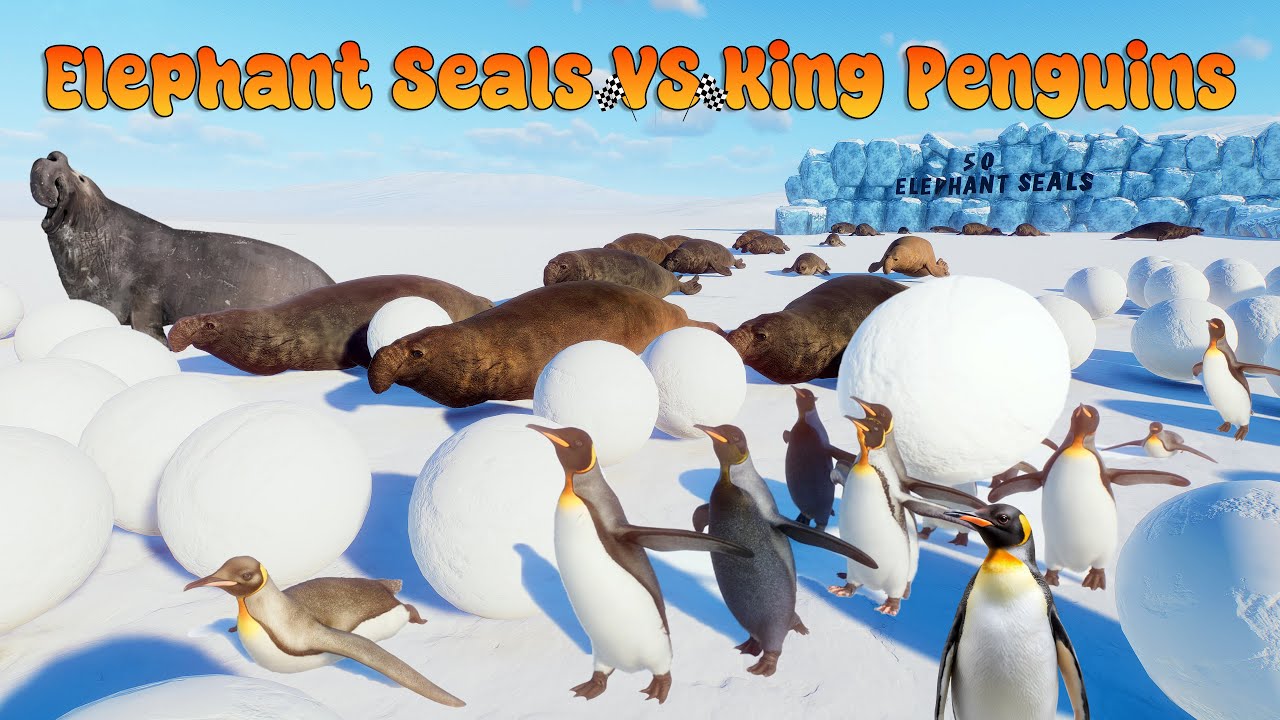 50 Elephant Seals VS 50 King Penguins Animals Race in Antarctic Track Planet Zoo 2025