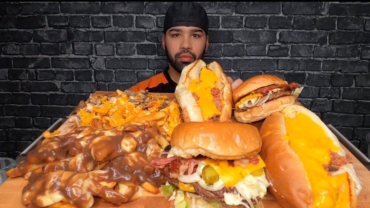(ASMR) BACON CHEDDAR BURGER, CHEDDAR BACON DOG, DORITO DONAIR POUTINE, CLASSIC POUTINE  MUKBANG