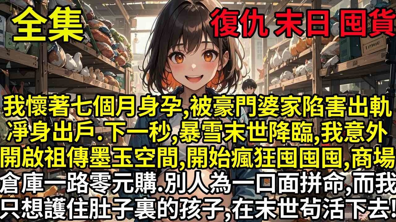 我懷著七個月身孕，被豪門婆家陷害出軌，凈身出戶。下一秒，暴雪末世降臨，我意外開啟祖傳墨玉空間，開始瘋狂囤囤囤，商場倉庫一路零元購。別人為一口面拼命，而我只想護住肚子裏的孩子，在末世茍活下去！