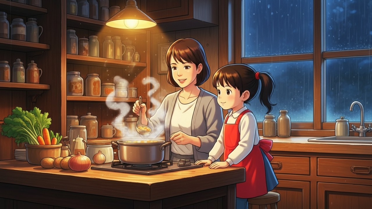 Rainy Day in a Cozy Forest House: Okonomiyaki on the Stove & Scented Candles | Ghibli-Style ASMR