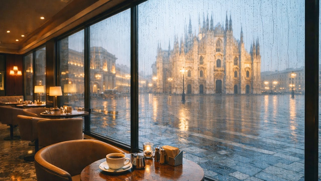 Rainy Milan Café Ambience | 1 Hour Rain Sounds Overlooking the Duomo di Milano (4K)
