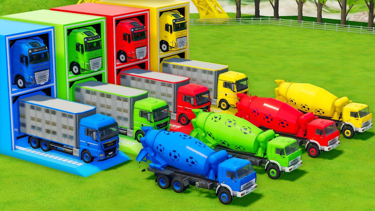 Garage with Colors - ALL MIXER TRUCK WITH DOUBLE FLATBED TRAILER TRUCK, VOLVO, MAN, KAMAZ - FS22