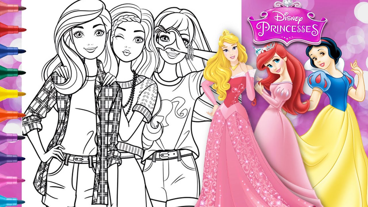 BARBIE Disney Princess MAKEOVER Coloring Page As PRINCESS AURORA ARIEL SNOW WHITE Coloring Book