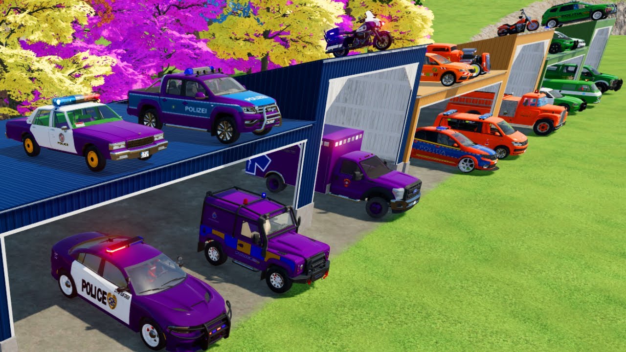TRANSPORTING POLICE CARS, FIRE TRUCK, AMBULANCE, CARS OF COLORS! WITH TRUCKS! - FARMING SIMULATOR 22