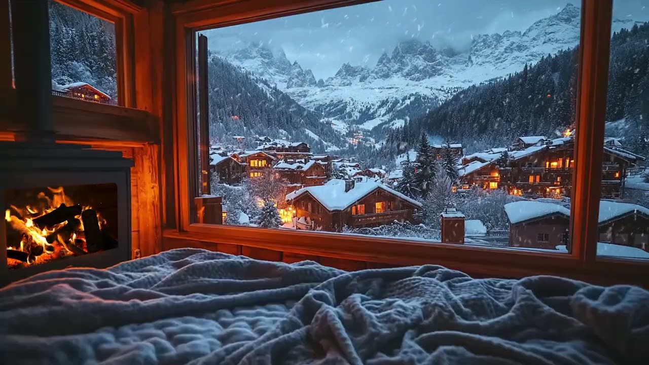 Sommeil Paisible dans une Cabane d’Hiver avec Feu Crépitant et Neige Calme