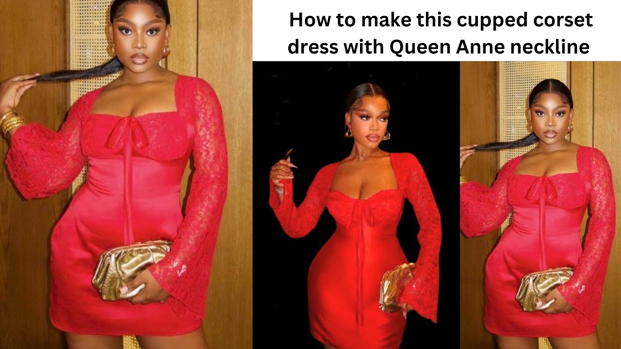 HOW TO CUT AND SEW A CUP CORSET DRESS WITH QUEEN ANNE NECKLINE AND LONG FUNNEL SLEEVES #corset #how