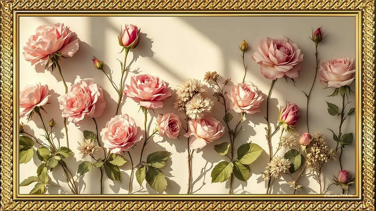 Rosas | Arte para TV com Moldura Dourada | Protetor de Tela  para TV | 1 Cena - 4 horas