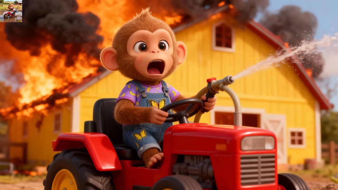 Cute Baby Monkey Fights Flames with Tractor Water Spray in Farm Emergency! 🚒🐵