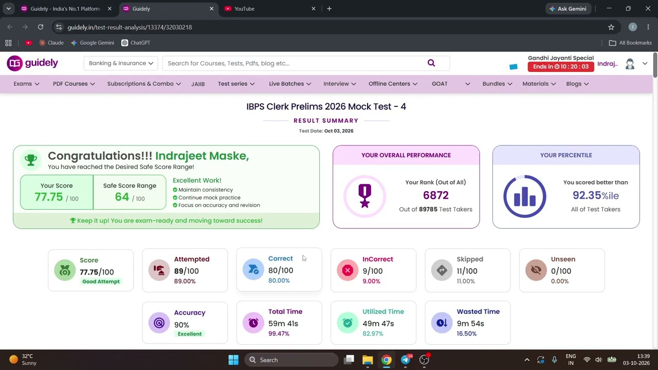 IBPS Clerk Prelims 2026 | 92.35% Percentile in Guidely Full Length Mock Test - 4