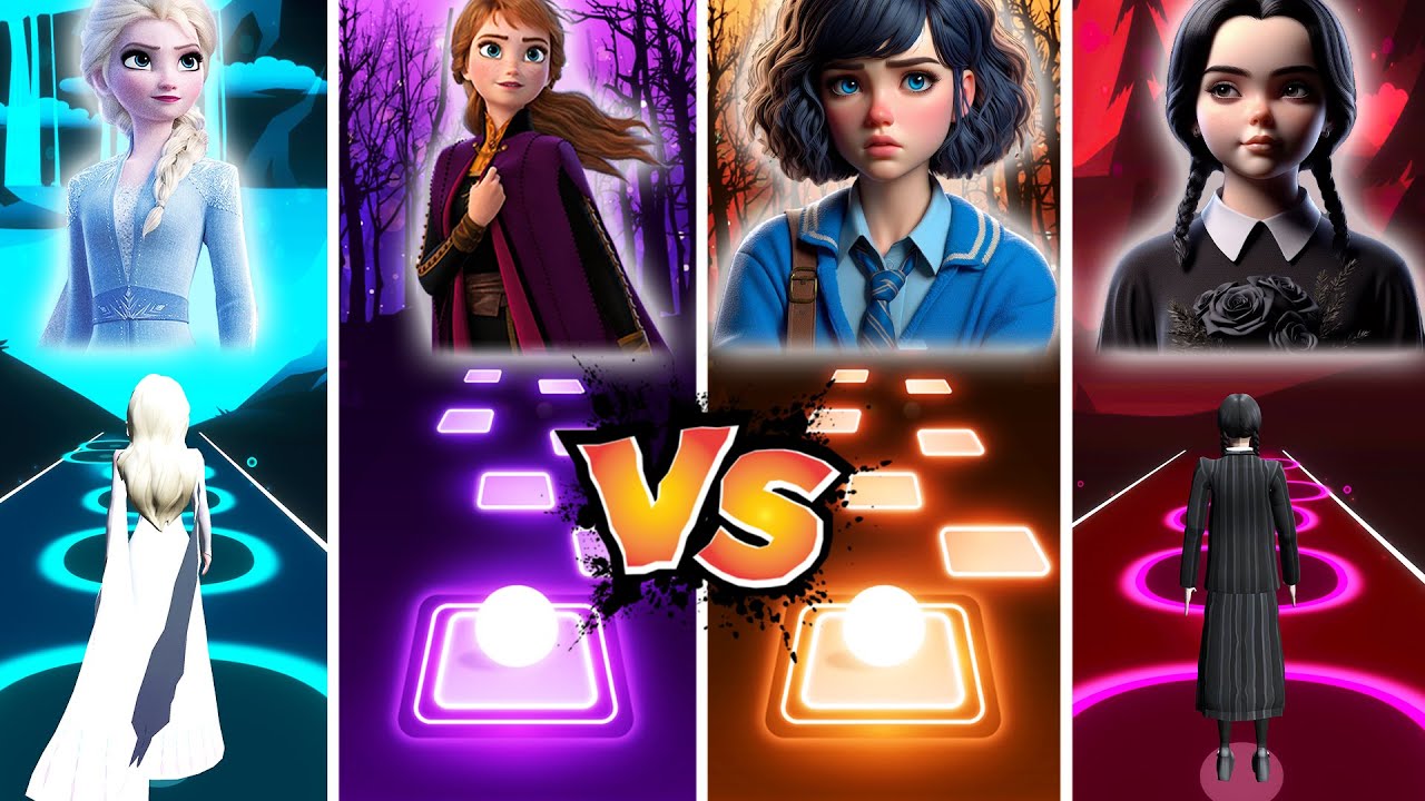 Frozen Elsa Let it Go & Anna Build A Snowman VS Enid Sinclair & Wednesday Addams Bloody Mary - Tiles