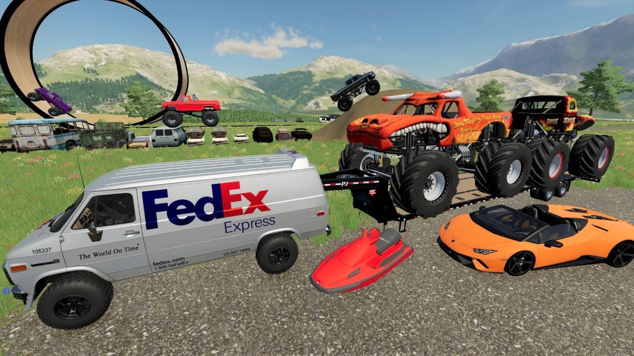 Delivering Monster Trucks to Stuntman Track | Farming Simulator 22