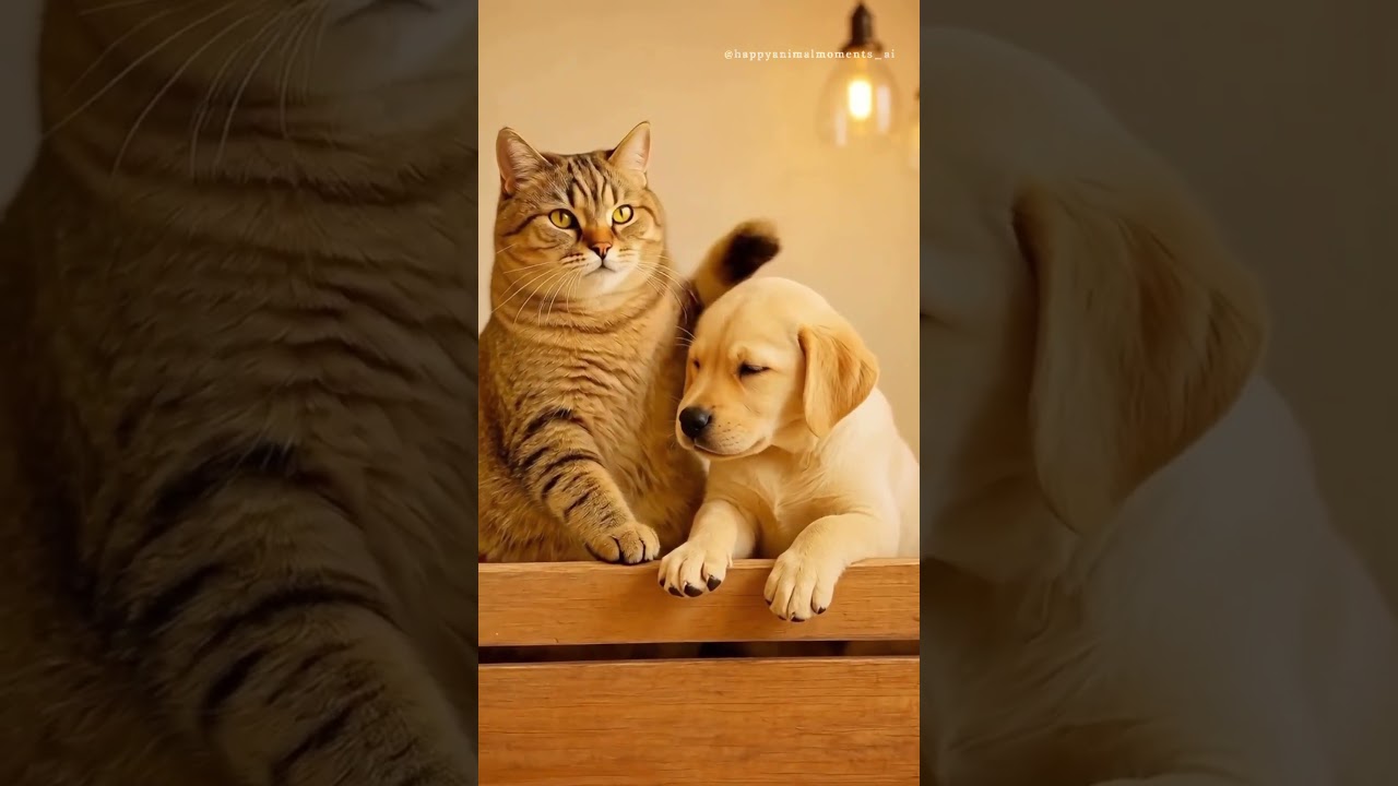 Cat Gives the Puppy a Gentle Head Scratch