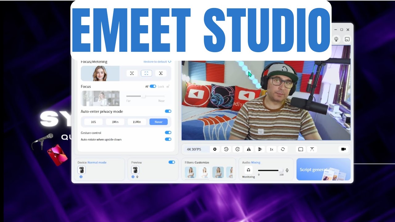 Emeet Studio Setings and features PIKO+ AND PIXY WEBCAMS