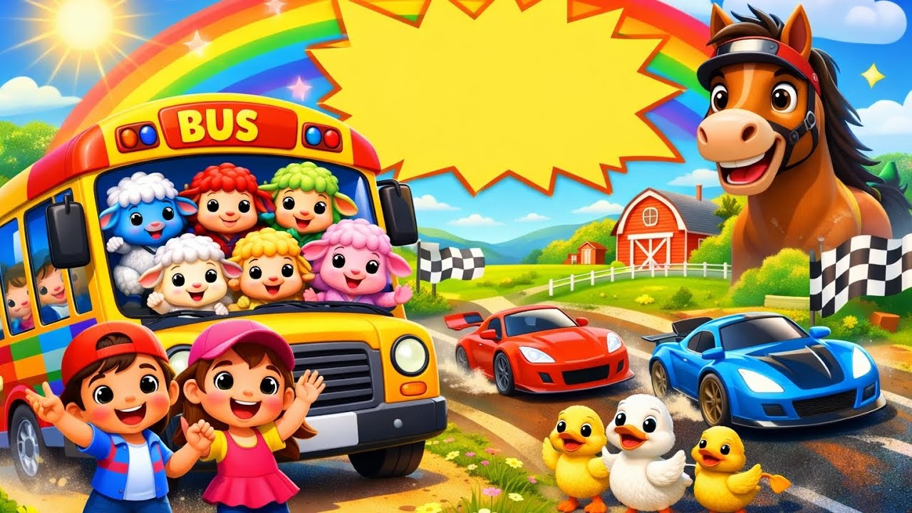 Five Little Baby Sheep Bus & Racing Adventure | Horse, Ducks & Sheep Song for Kids 