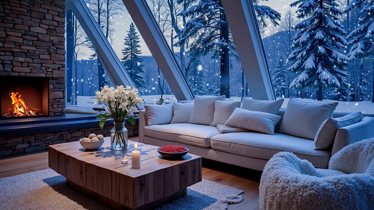 Peaceful Winter Lake Cabin Night ❄️🎹 | Soft Piano, Fireplace Sounds & Snowfall for Deep Sleep