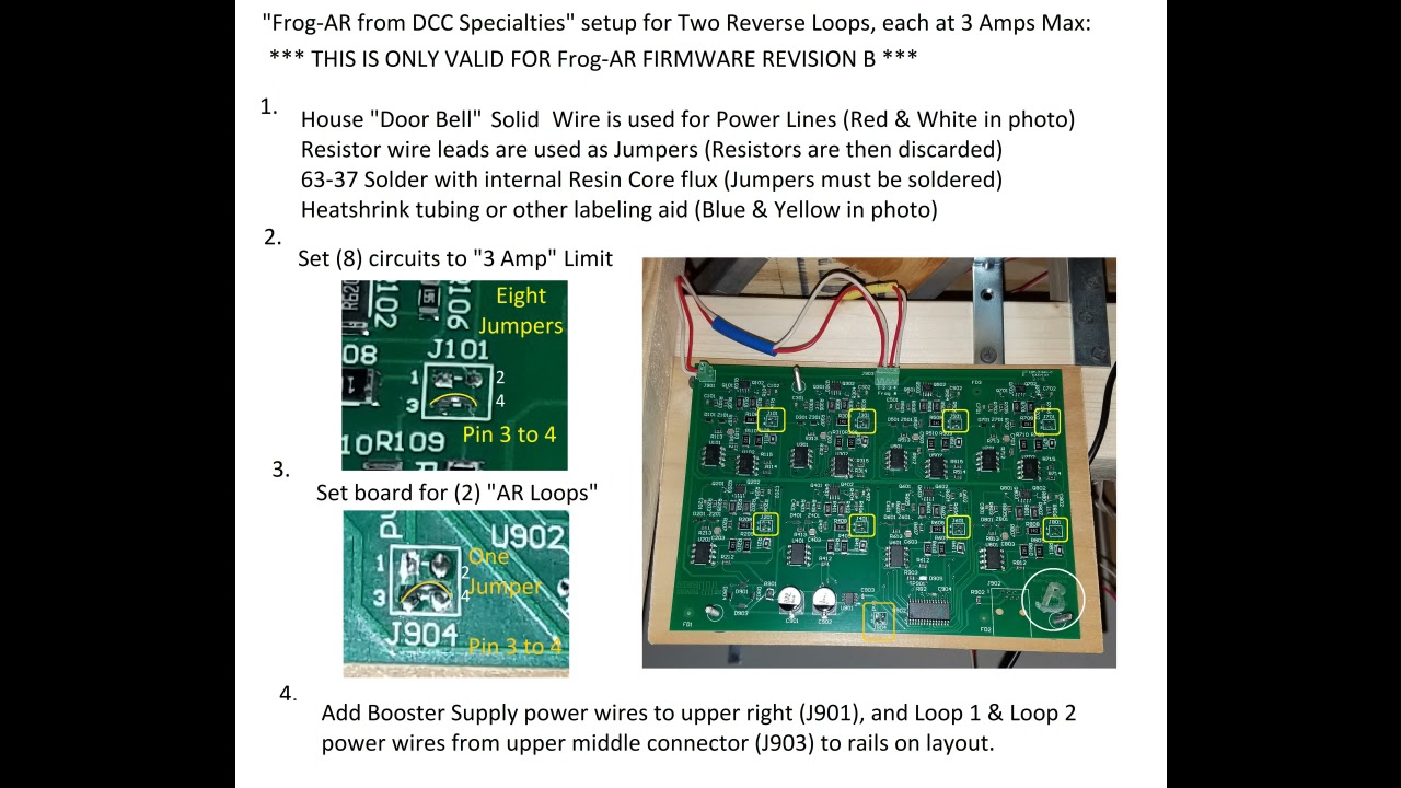 How DCC Specialties Frog-AR was installed for two Reverse Loops & 3 Amp Limit (Rev B Firmware)
