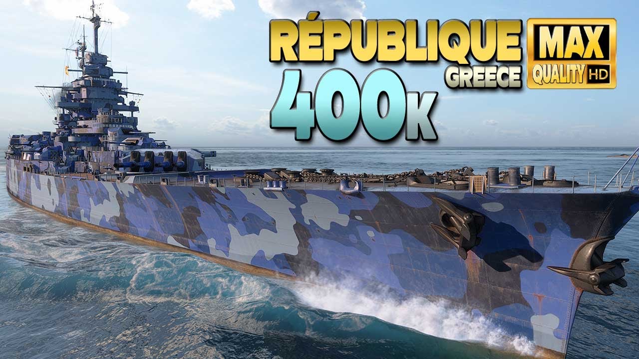Линкор «Республика» доминирует на карте Греции в игре World of Warships.