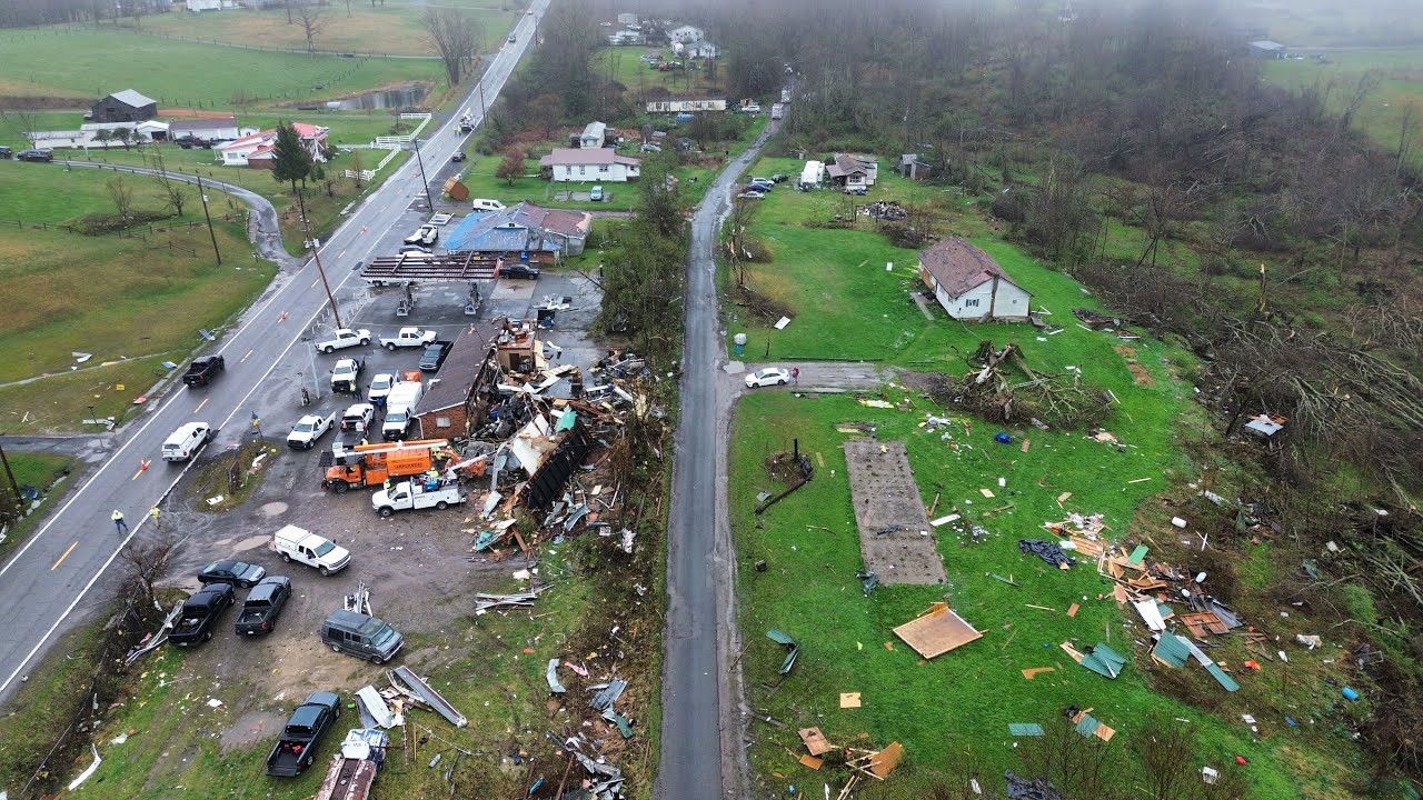 Aerial view of EF2 tornado damage in Hico, West Virginia