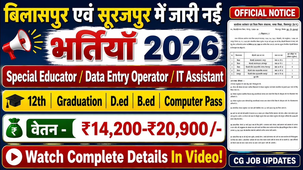 Bilaspur & Surajpur New Vacancy 2026 | DEO / Special Educater & More Post | CG Government Jobs 