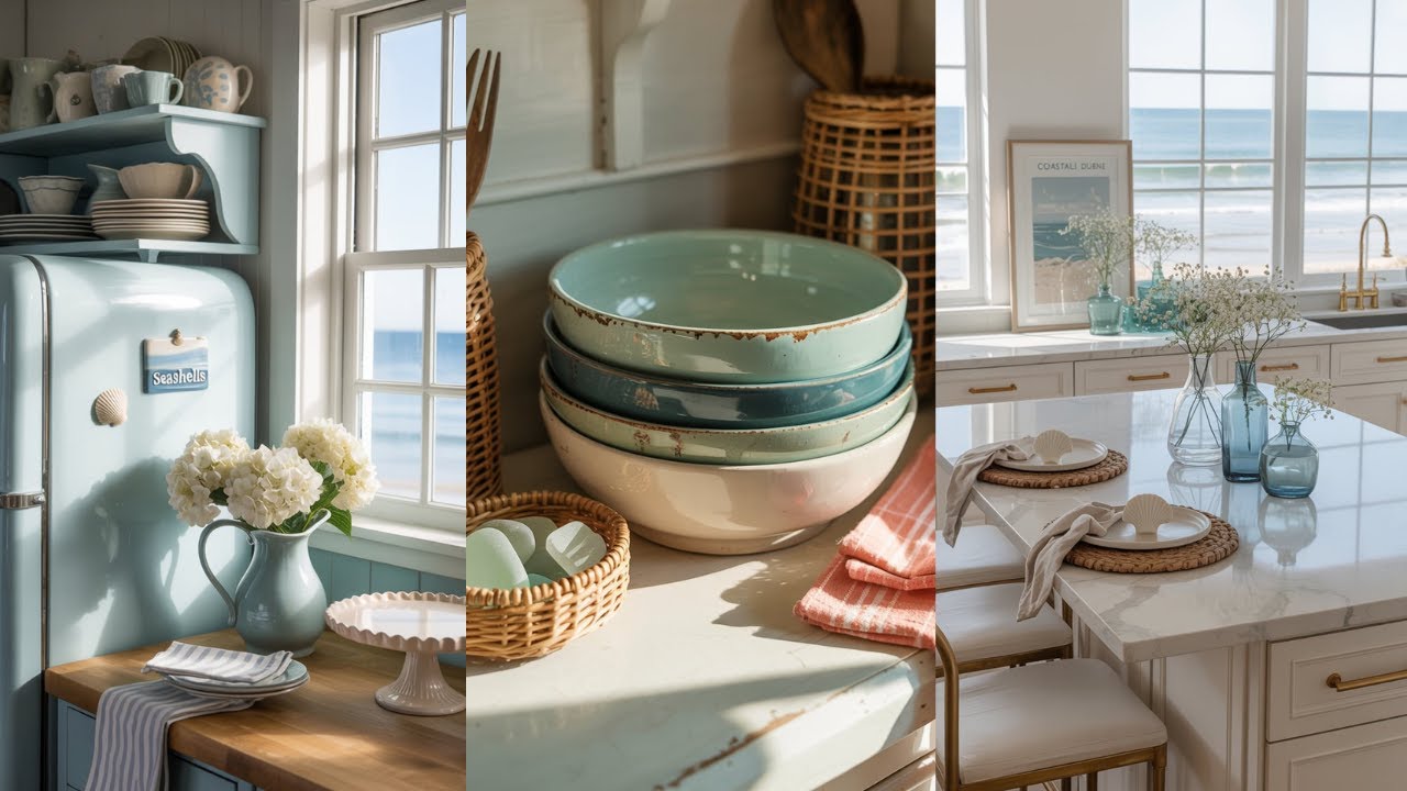 Coastal Kitchen Decor Ideas | Soft Beach Cottage Charm with Sea Blues & Woven Details