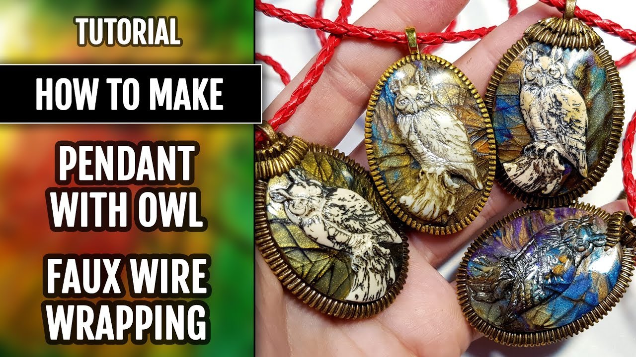 How to make: Faux Wire Wrapped Owl Cabochon Pendant from polymer clay. Full process.