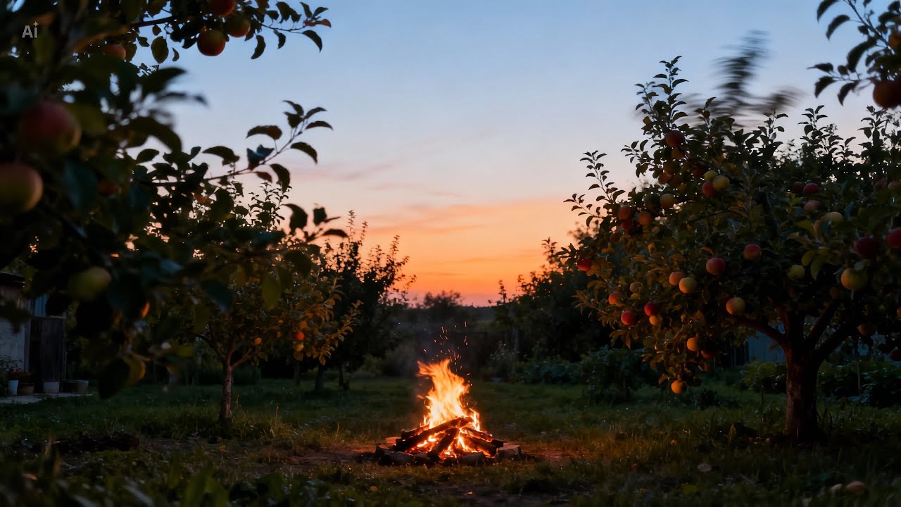 1 Hour  Night in the Orchard 🍎🔥 | Peaceful Fireplace Ambience Under Fruit Trees