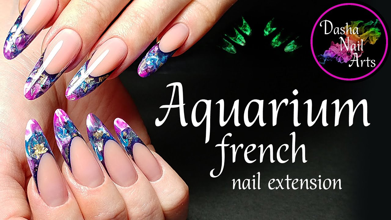 Modern Almond Gel Nail extension tutorial | Layout Aquarium French DIY | Glow in the dark Nails