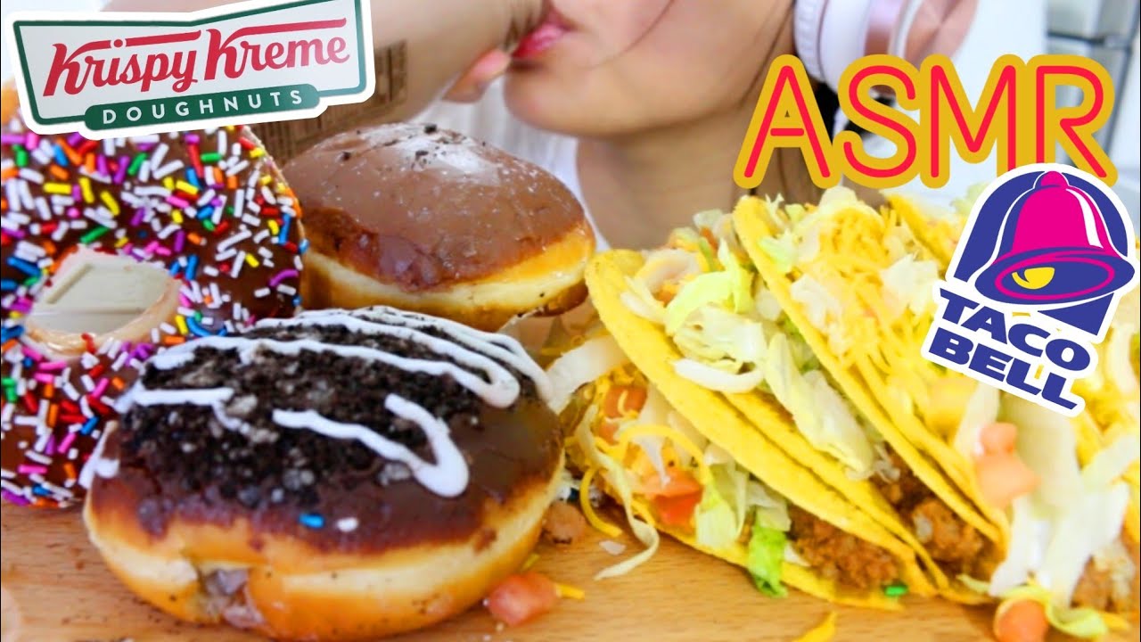 ASMR Taco Bell CRUNCHY TACOS + Krispy Kreme Doughnut Satisfying eating SOUNDS MUKBANG | TWILIGHT