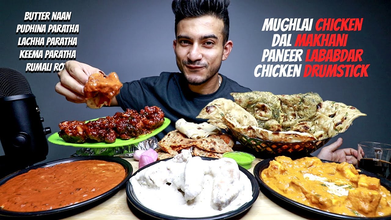 Mughlai Chicken, Paneer Lababdar, Dal Makhani with rice and different kind of Breads MUKBANG