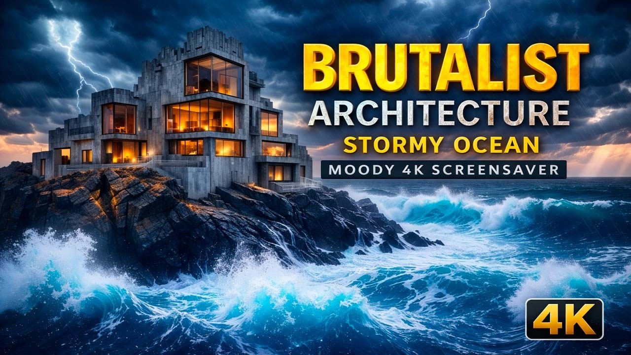 4K Brutalist Architecture & Stormy Ocean / Moody 4KScreensaver / Luxury Minimalist Fortress in a Sea