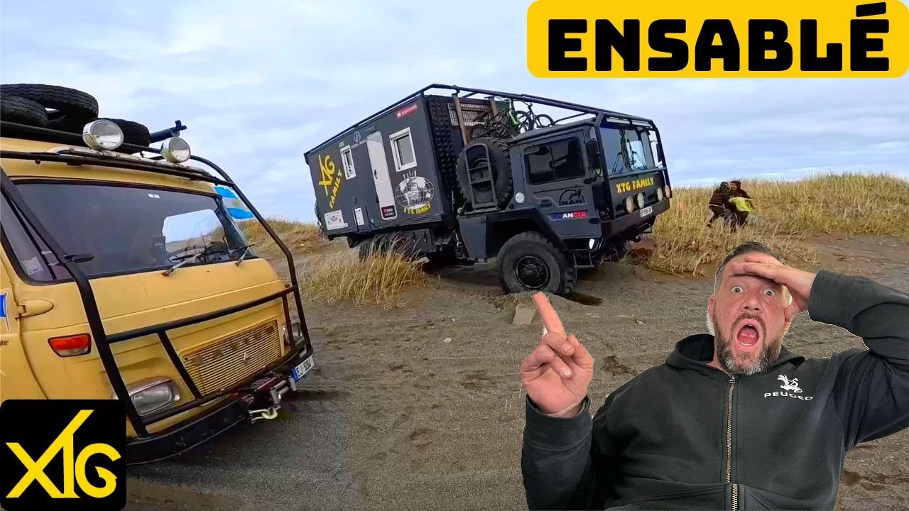 409 enterré jusqu'à l'essieu dans les dunes