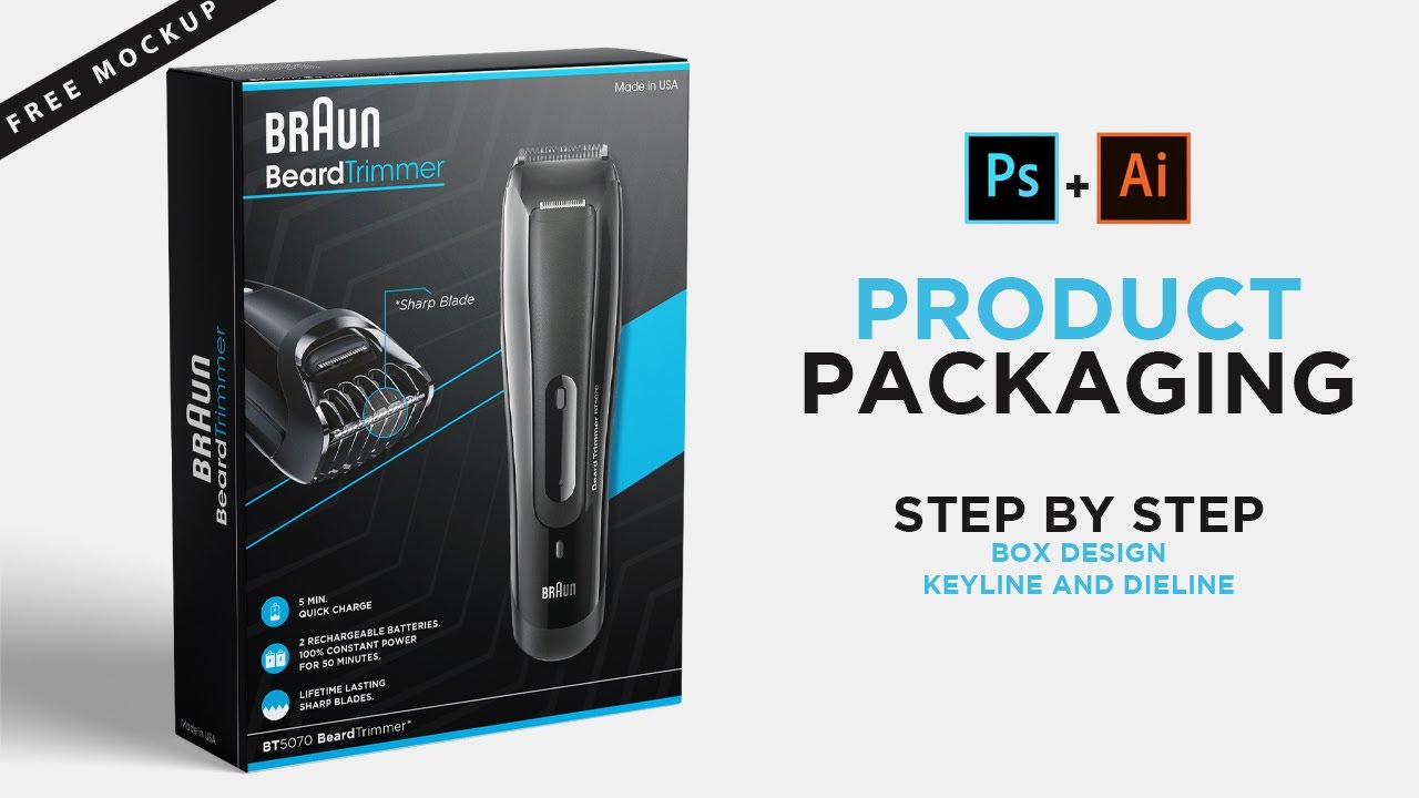 Braun Trimmer Box Product Packaging Design in illustrator | 3D Box Mockup