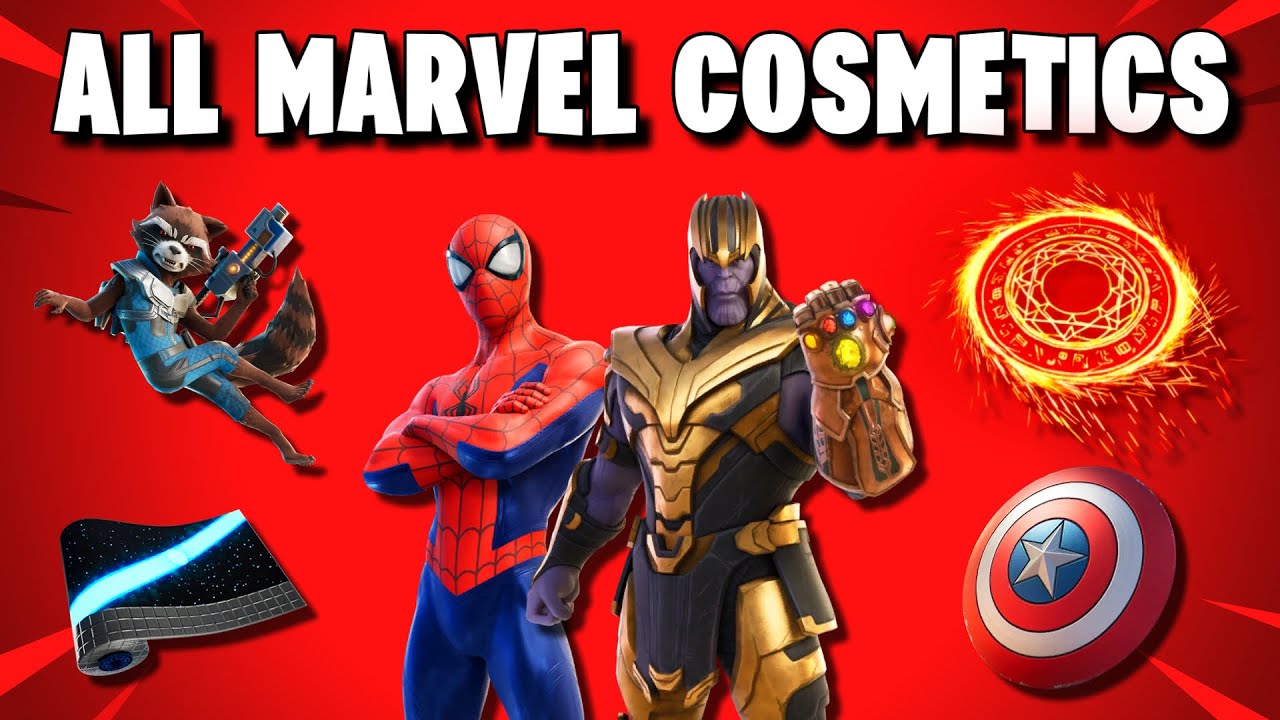 ALL Marvel Cosmetics in Fortnite! (All 34 Seasons Skins, Gliders, Pickaxes, Emotes, Wraps)