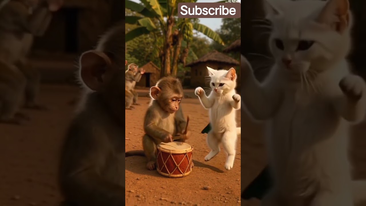 🐒🥁 monkey beats 😺Cat  moves jungle vibes on fire 🔥 #monkey #cat #viral #funny #fun #village