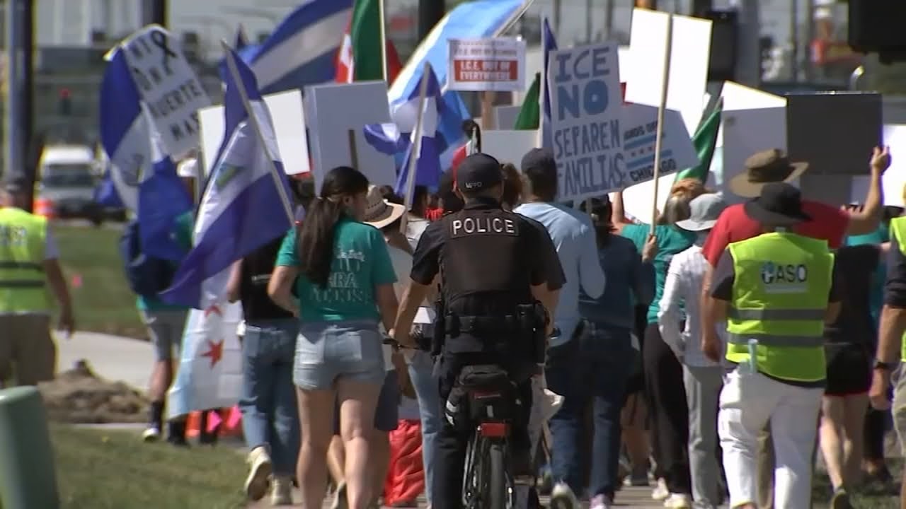 Demonstrators rally against ICE operations in Melrose Park