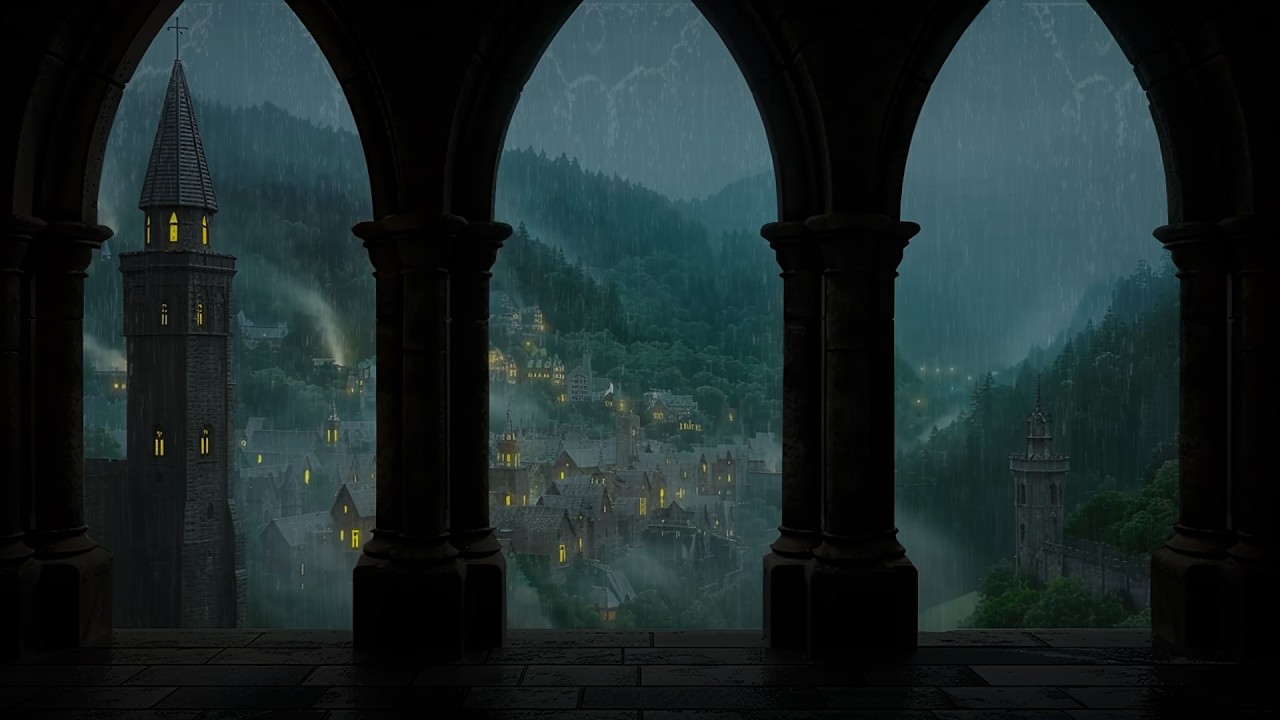 Sleep Better Tonight - Relaxing Heavy Rain and Thunder at a Medieval Castle Window Scene