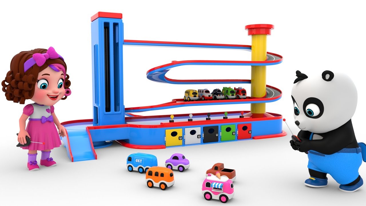 Pinky and Panda Play with Toy Slider Street Vehicles Parking