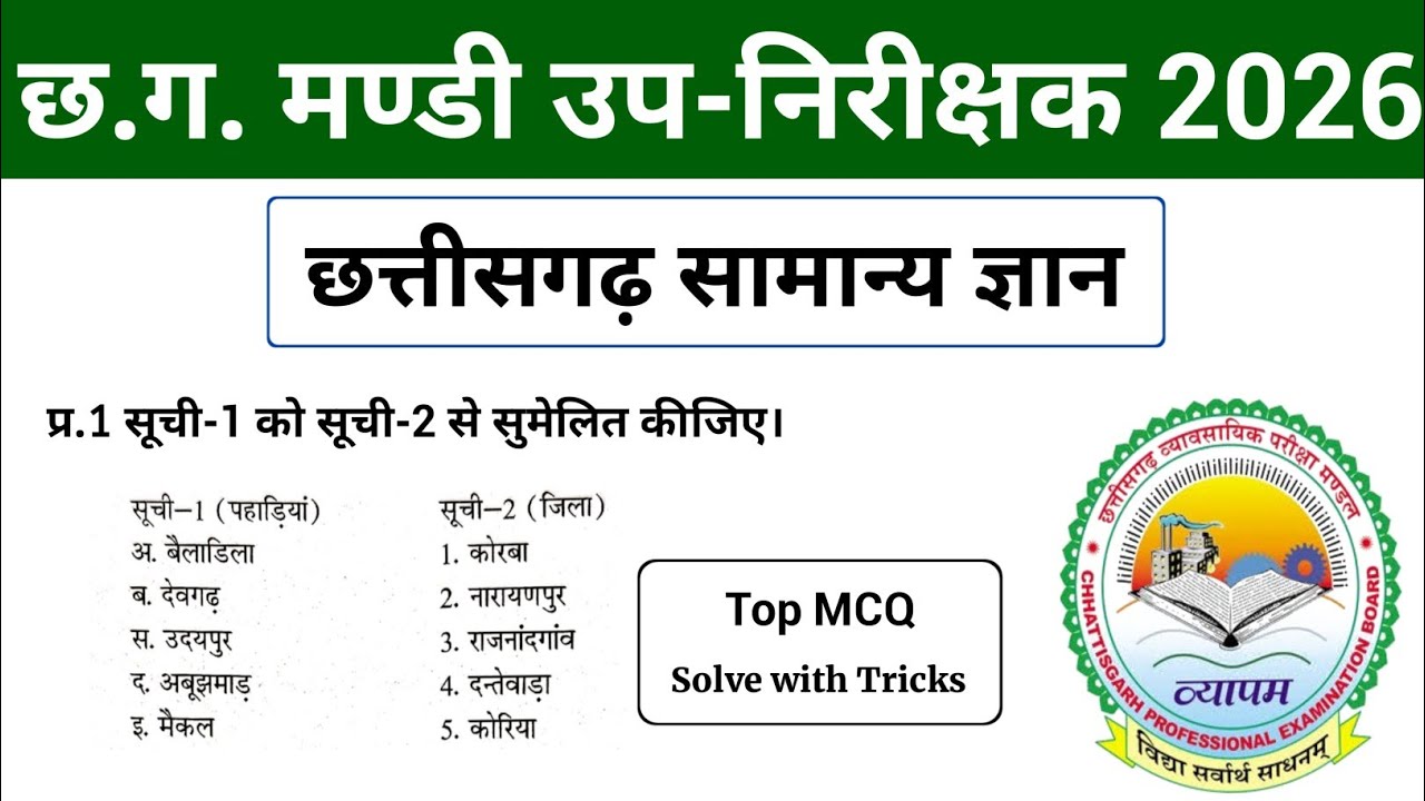 Top 25 MCQ | छत्तीसगढ़ सामान्य ज्ञान | छ.ग. मण्डी उप-निरीक्षक | CG Mandi Up Nirikshak Exam 2026